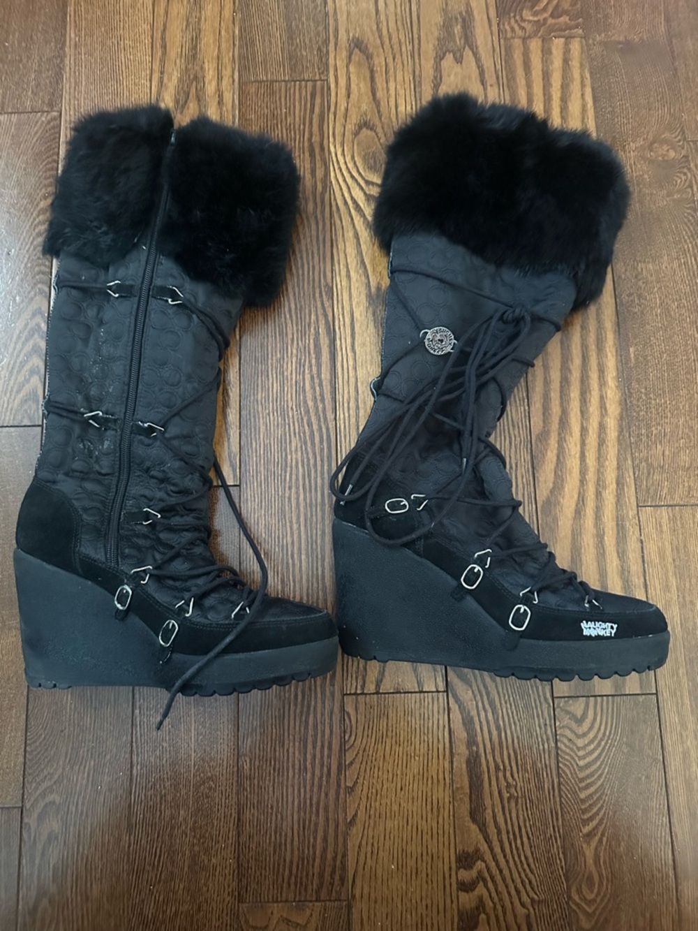 naughty monkey Black Faux Fur Wedge Lace-Up Boots